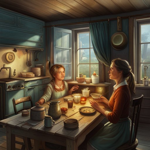 In the cozy cottage, a loving mother had lovingly laid out a feast of the daughter's cherished dishes, to the delight of the delighted girl.