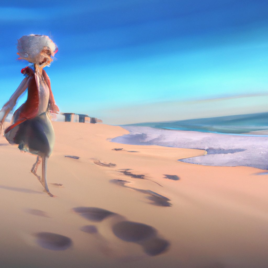 Oogie skipped along happily, admiring the bright blue sky, perfect waves, and feeling of soft sand between her toes, excited for a day of fun in the sun at the beach. in a painting from stalenhag, 8 k, hdr, artstation, concept art