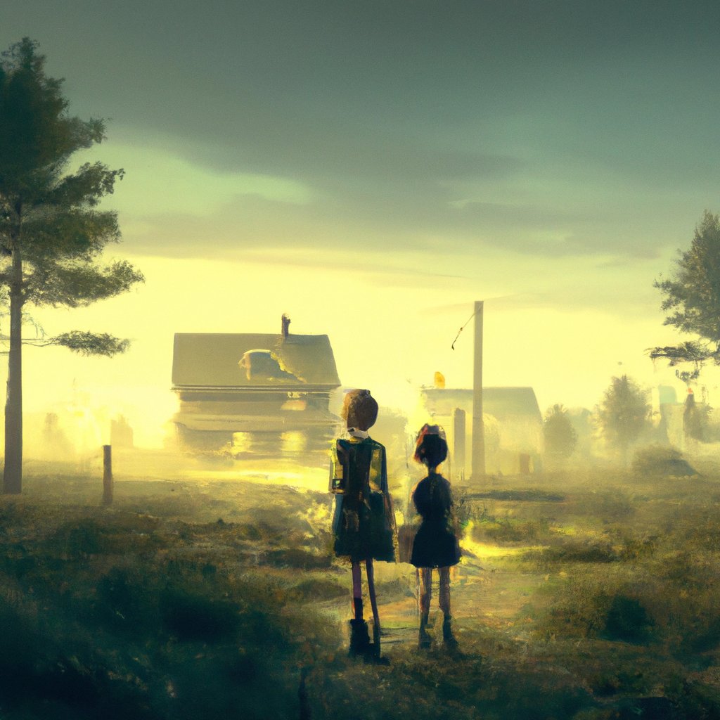 Lucy and Emmeline, two sisters with imaginations as big as the countryside they lived in, eagerly listened each night to their parent's fanciful bedtime stories. in a painting from stalenhag, 8 k, hdr, artstation, concept art