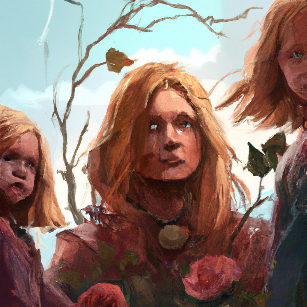 The illustration showed the woman looking frazzled and surrounded by her children, Elizabeth with auburn hair and Rose with her blonde locks. in a painting from stalenhag, 8 k, hdr, artstation, concept art