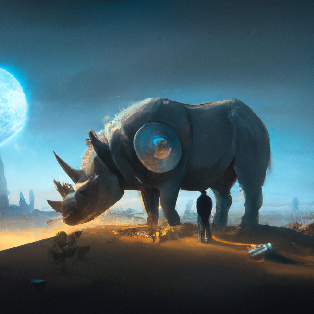 In his dream, the curious rhinoceros from the African savanna soared to the moon, searching for glimmering golden treasure. in a painting from stalenhag, 8 k, hdr, artstation, concept art