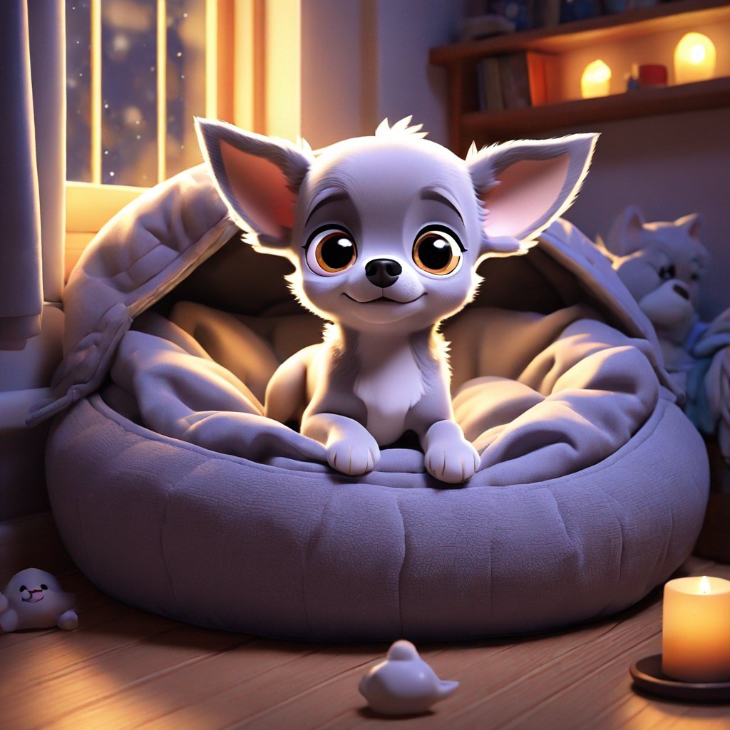 small grey Chihuahua, curled up in plush dog bed, tiny tail twitching, drifting off to sleep, calming atmosphere, cosy corner of warm house