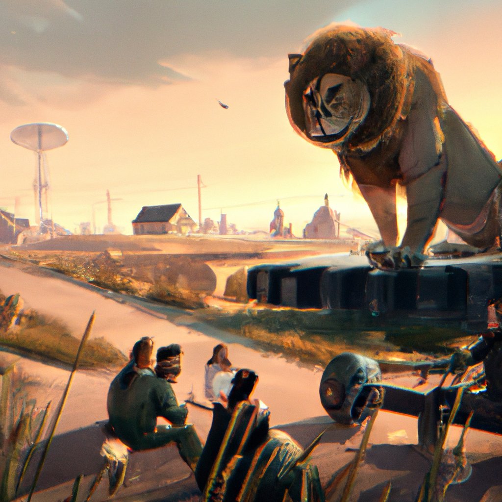 Shakirov, the curious lion, eagerly listened to his family and friends' tales of utopian worlds, enthralled by the possibilities. in a painting from stalenhag, 8 k, hdr, artstation, concept art