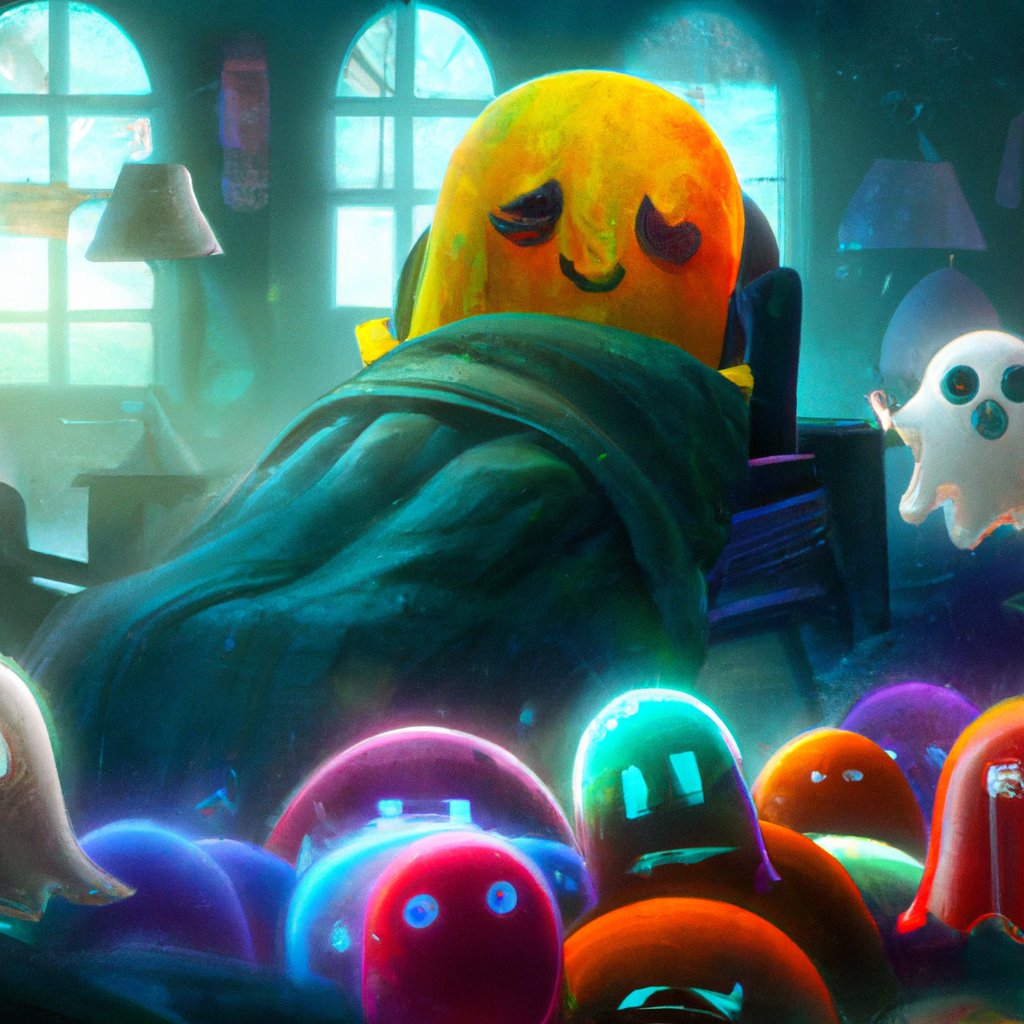 The small, yellow Pacman snuggled in his cozy bed surrounded by the colourful ghosts, contentedly dreaming of the next day's exciting adventures. in a painting from stalenhag, 8 k, hdr, artstation, concept art