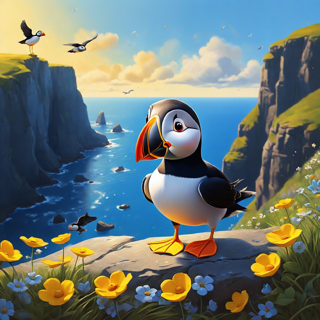 puffin painting, blue tie with yellow flowers, standing at cliff edge, ready for adventure