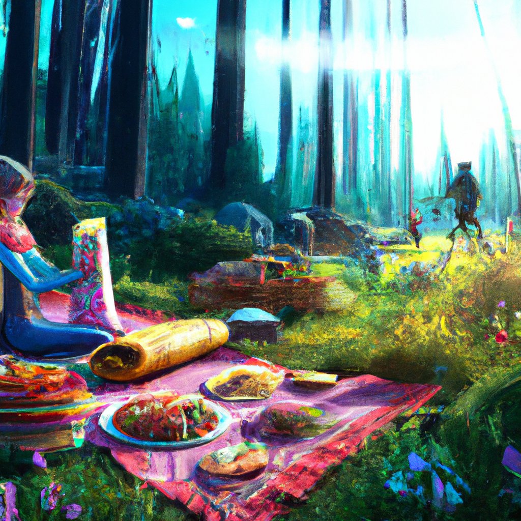 The princess smiled brightly as she spread out a colourful blanket, loaded with delicious snacks, in a tranquil forest for her and her friends to enjoy a perfect picnic.