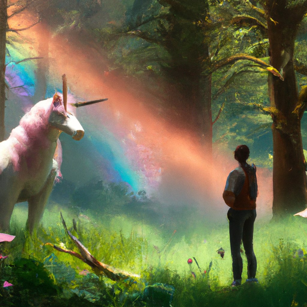 The illustration showed a majestic, glittering white unicorn with a pink mane, standing in a sun-dappled clearing in the woods, as Francie gazed upon it in awe. in a painting from stalenhag, 8 k, hdr, artstation, concept art