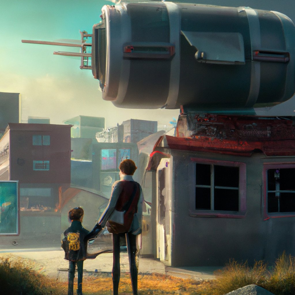 Winston and his father Jon, the inventive town resident, were caught off-guard when their attempt to create something new caused the unexpected activation of a time machine. in a painting from stalenhag, 8 k, hdr, artstation, concept art