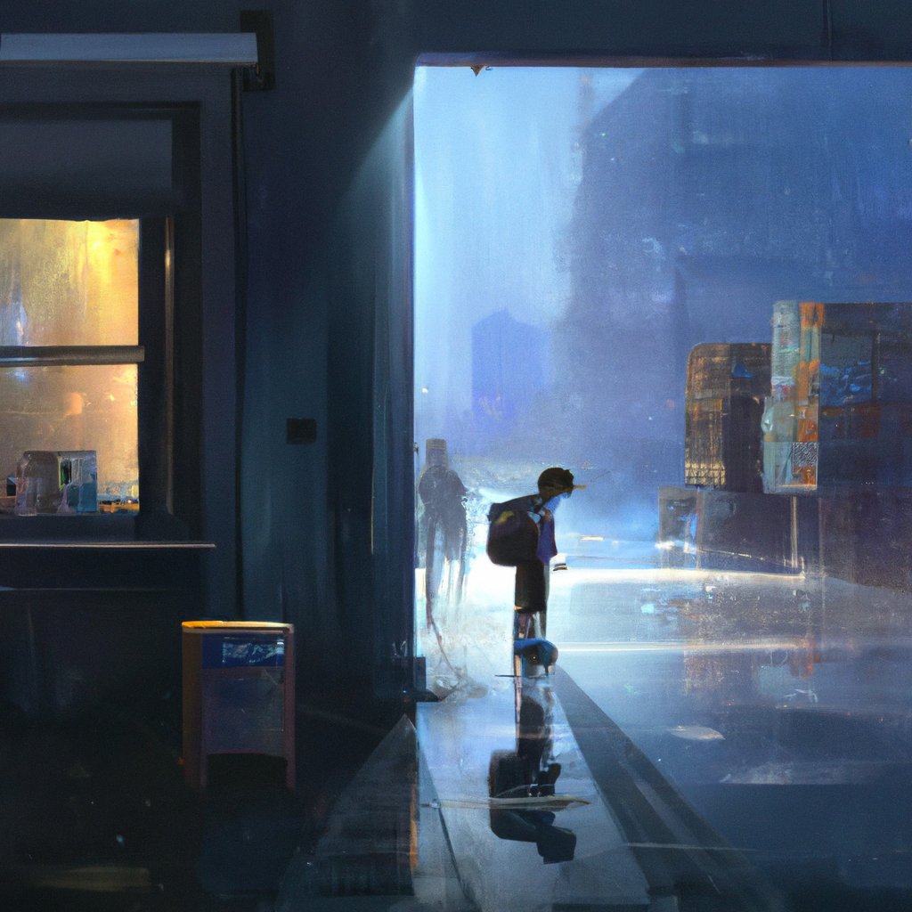 The boy stepped cautiously into the eerie, empty store, lit only by the soft glow of streetlights outside, rain streaming down in sheets. in a painting from stalenhag, 8 k, hdr, artstation, concept art