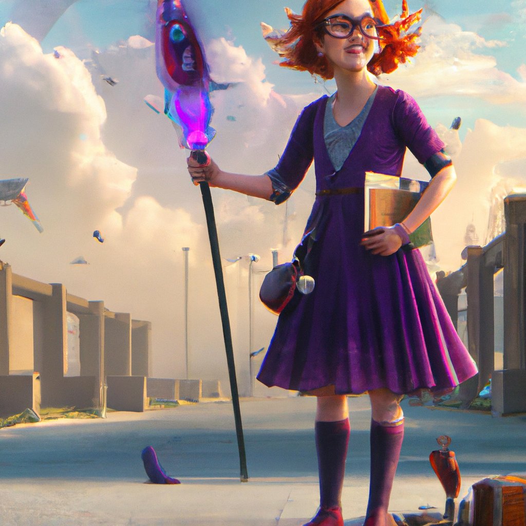 A mischievous, bespectacled, red-haired girl, sporting a wide grin and dressed in a frilly purple dress, stands ready to create havoc with her wand, etc.