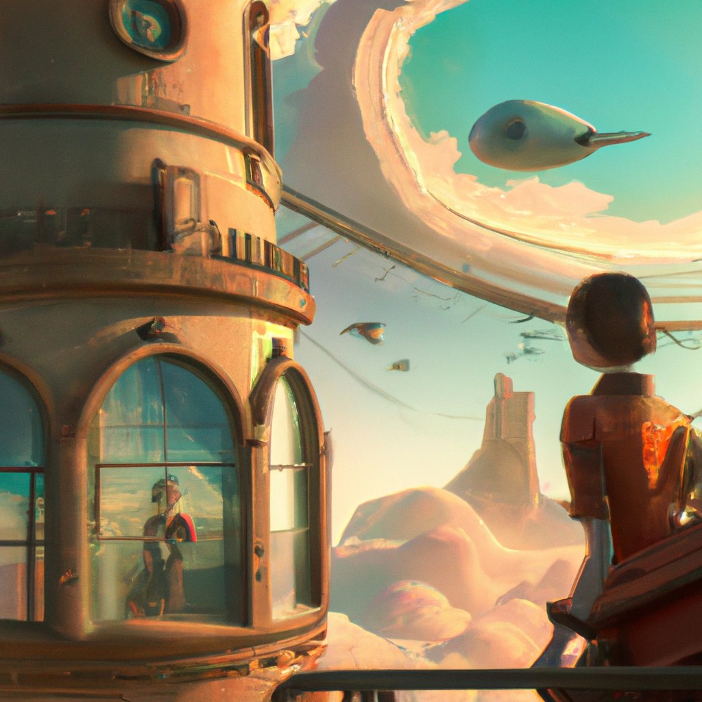 The young princess Divine gazed out her castle window, dreamily admiring the birds soaring above the clouds, and wishing for one day to be a pilot herself. in a painting from stalenhag, 8 k, hdr, artstation, concept art