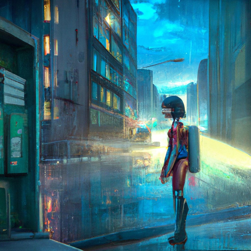 Clara, dressed in her favorite superhero costume, was walking through the mysterious city of Mavin late one night, dreaming up ways to use her superpower to help others. in a painting from stalenhag, 8 k, hdr, artstation, concept art