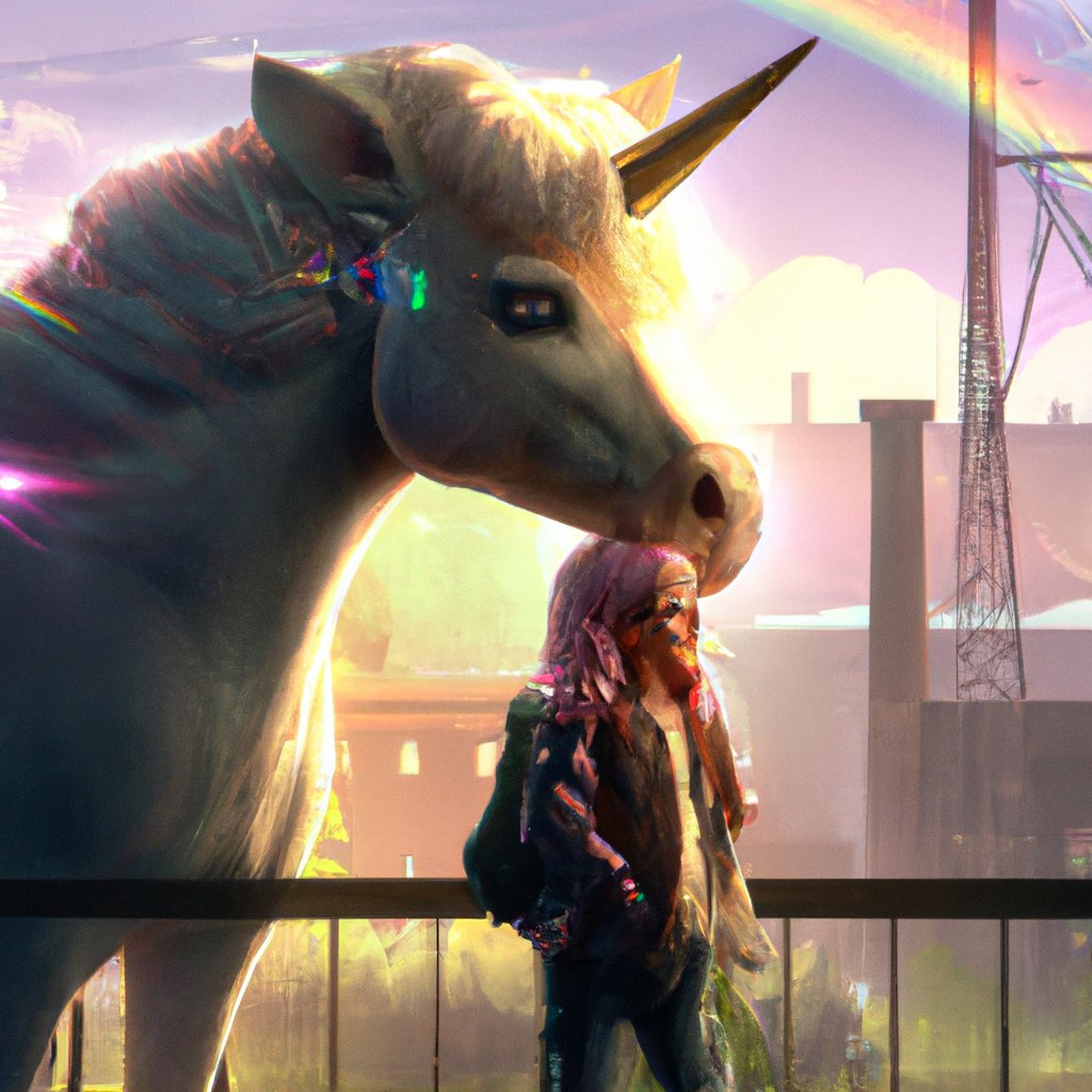 Isla and her beloved Sparkles, a stunningly beautiful unicorn, shared a special bond of love and care. in a painting from stalenhag, 8 k, hdr, artstation, concept art