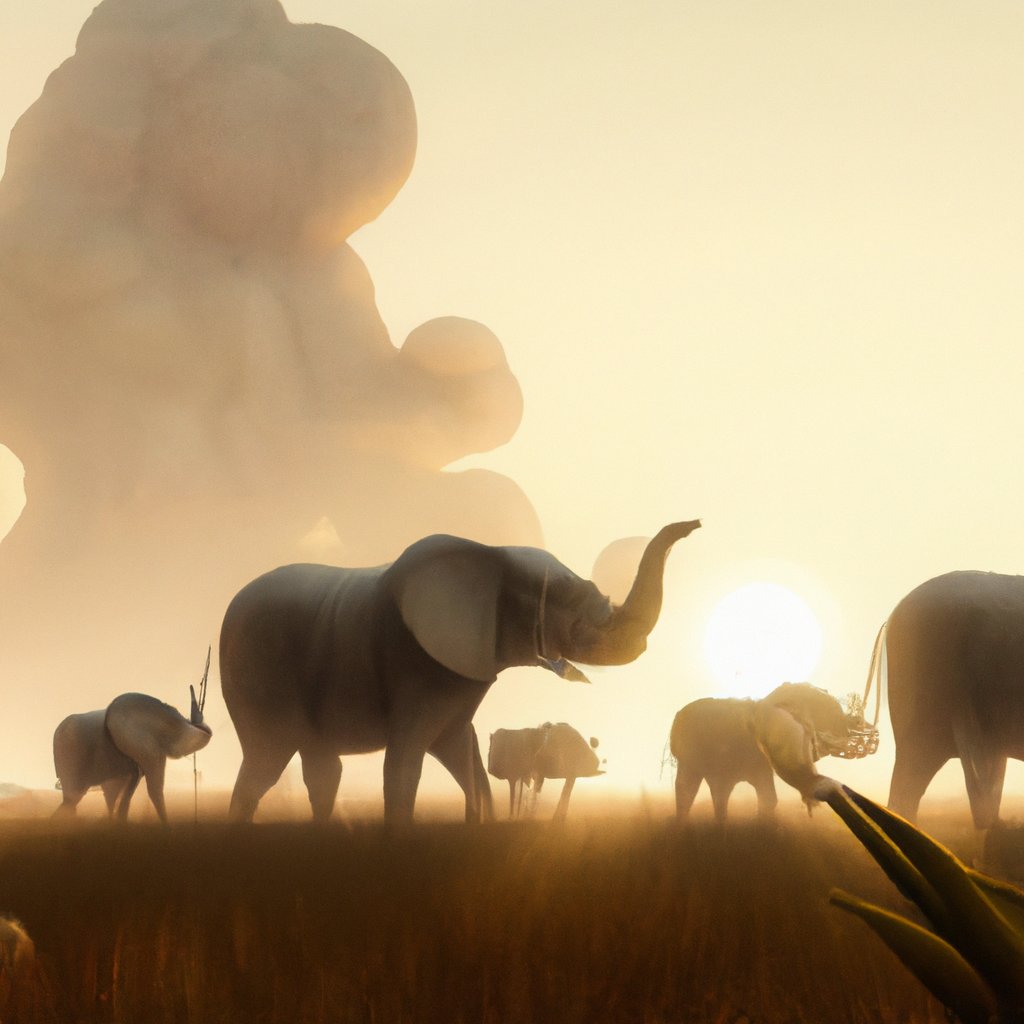 The elephant herd stood majestically, silhouetted by the setting sun in the vast, golden African savannah.