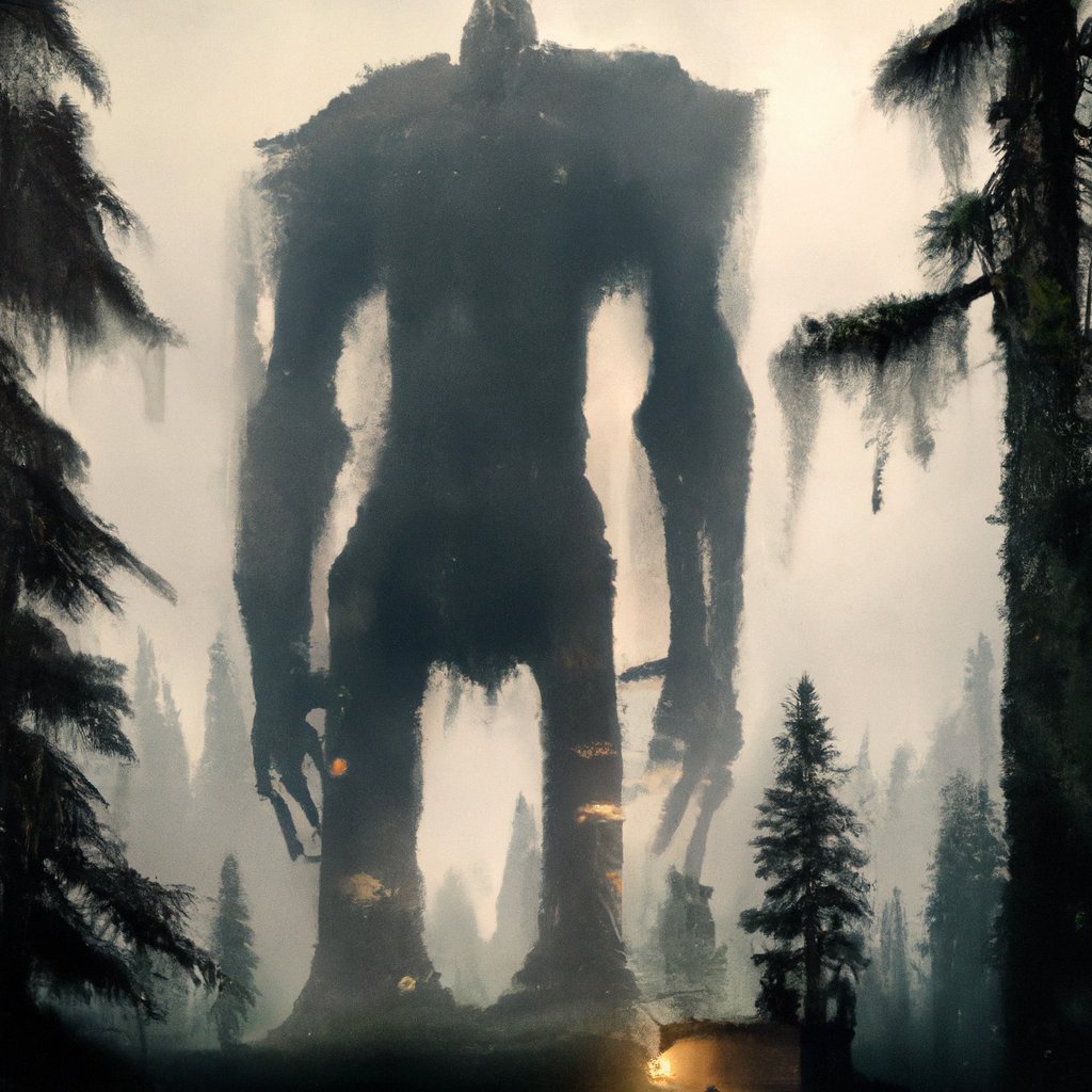 A menacing Grug, towering tall and wide with a cruel glare in his eyes, loomed over the dense forest from his dark and dank cave. in a painting from stalenhag, 8 k, hdr, artstation, concept art