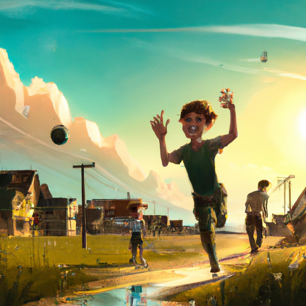 David, a happy, lively boy, ran and played with his friends in the sunshine. in a painting from stalenhag, 8 k, hdr, artstation, concept art