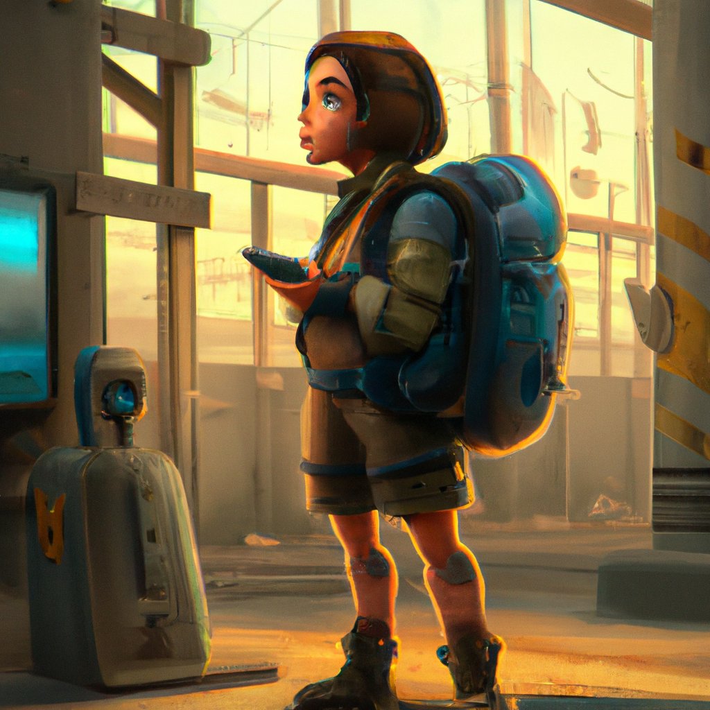 In the illustration, an excited Abby, wearing a backpack and clutching a GPS device, eagerly awaits her mother's response. in a painting from stalenhag, 8 k, hdr, artstation, concept art