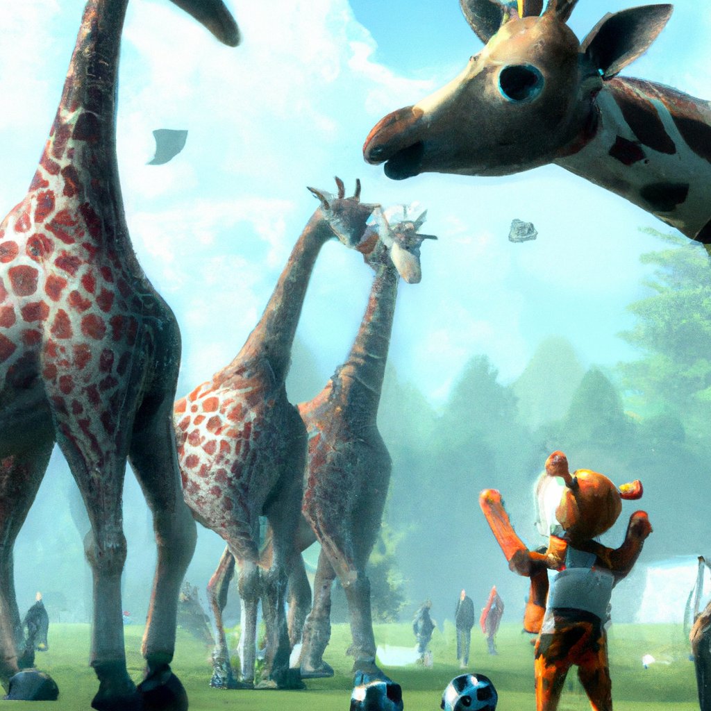 Henry, determined and excited, stood tall amongst the other animals on the football field, eager to prove that even a giraffe could play the beloved sport.