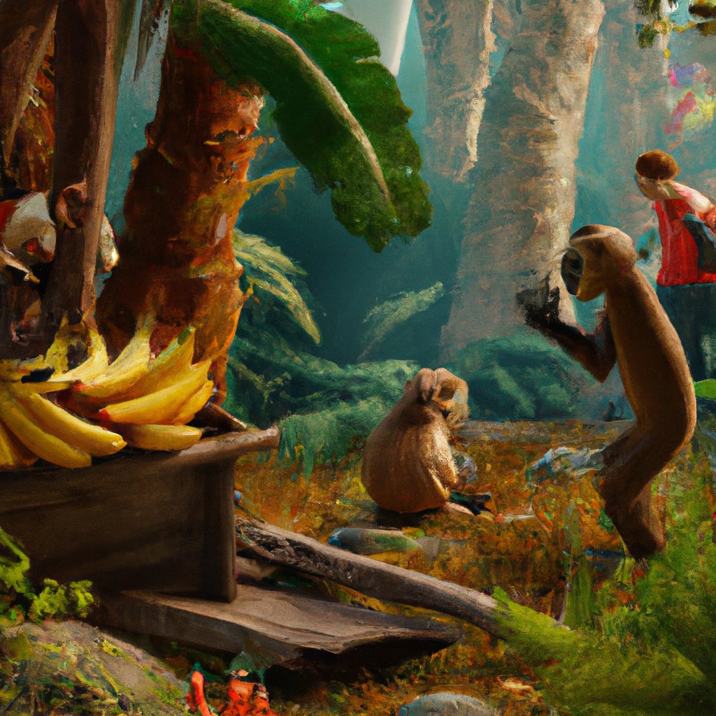 In the lush jungle, Timmy, an adventurous monkey, merrily played and ate bananas with his friends.