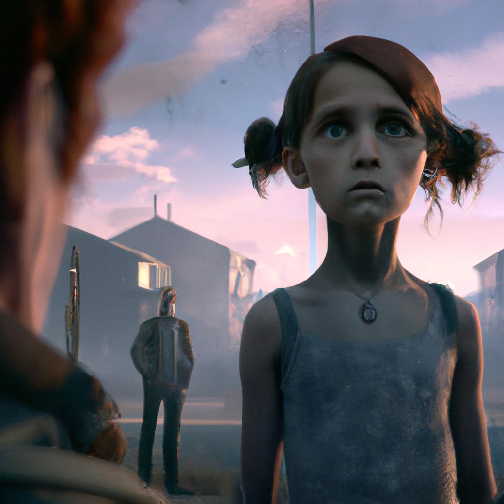 Noelle, a 7-year old girl, looks apprehensive and jealous, her eyes wide with uncertainty as she learns of her parents' upcoming addition to the family. in a painting from stalenhag, 8 k, hdr, artstation, concept art