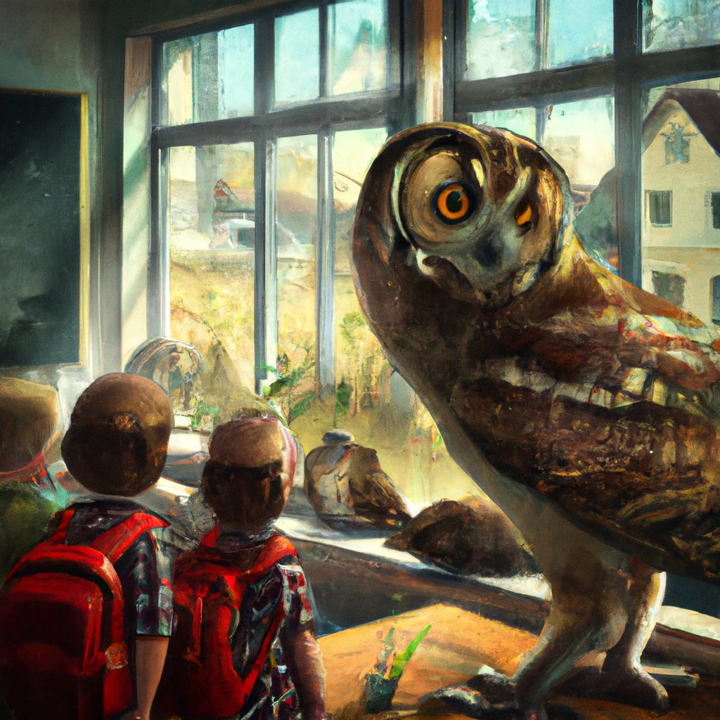 The owl, large and funny-looking, flew in through the open window, surprising the kindergarten class as they learned about nature. in a painting from stalenhag, 8 k, hdr, artstation, concept art