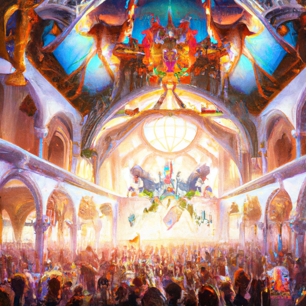 A detailed illustration of an intricately decorated grand hall, filled with a jubilant crowd, etc.A vibrant illustration of an elaborately ornamented grand hall brimming with an energetic, cheerful audience, etc.