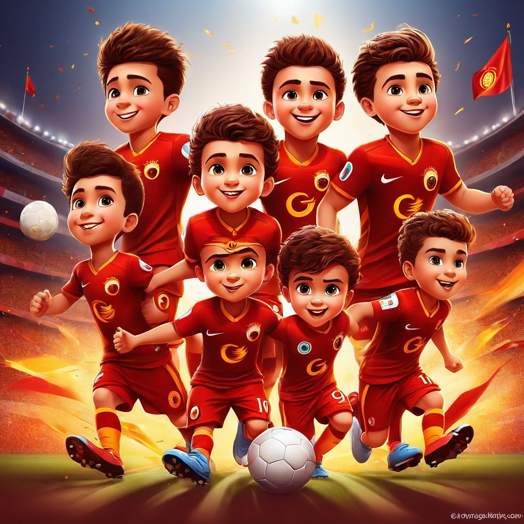 group of Galatasaray warriors, football gear, charging towards opponents, bravery, courage, honor, glory