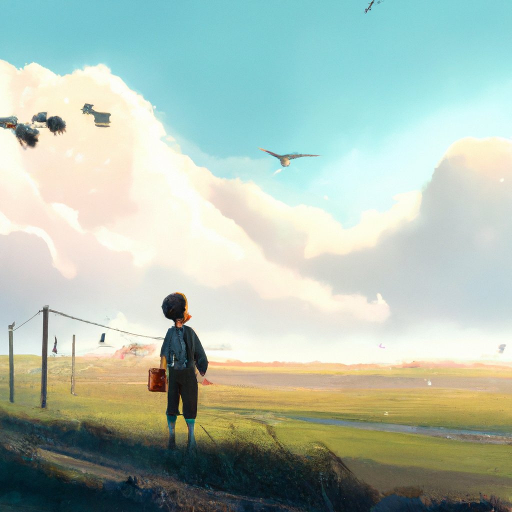 The little boy Oliver watched in awe, filled with longing and admiration, as the birds gracefully soared through the air, freely exploring the vast sky. in a painting from stalenhag, 8 k, hdr, artstation, concept art