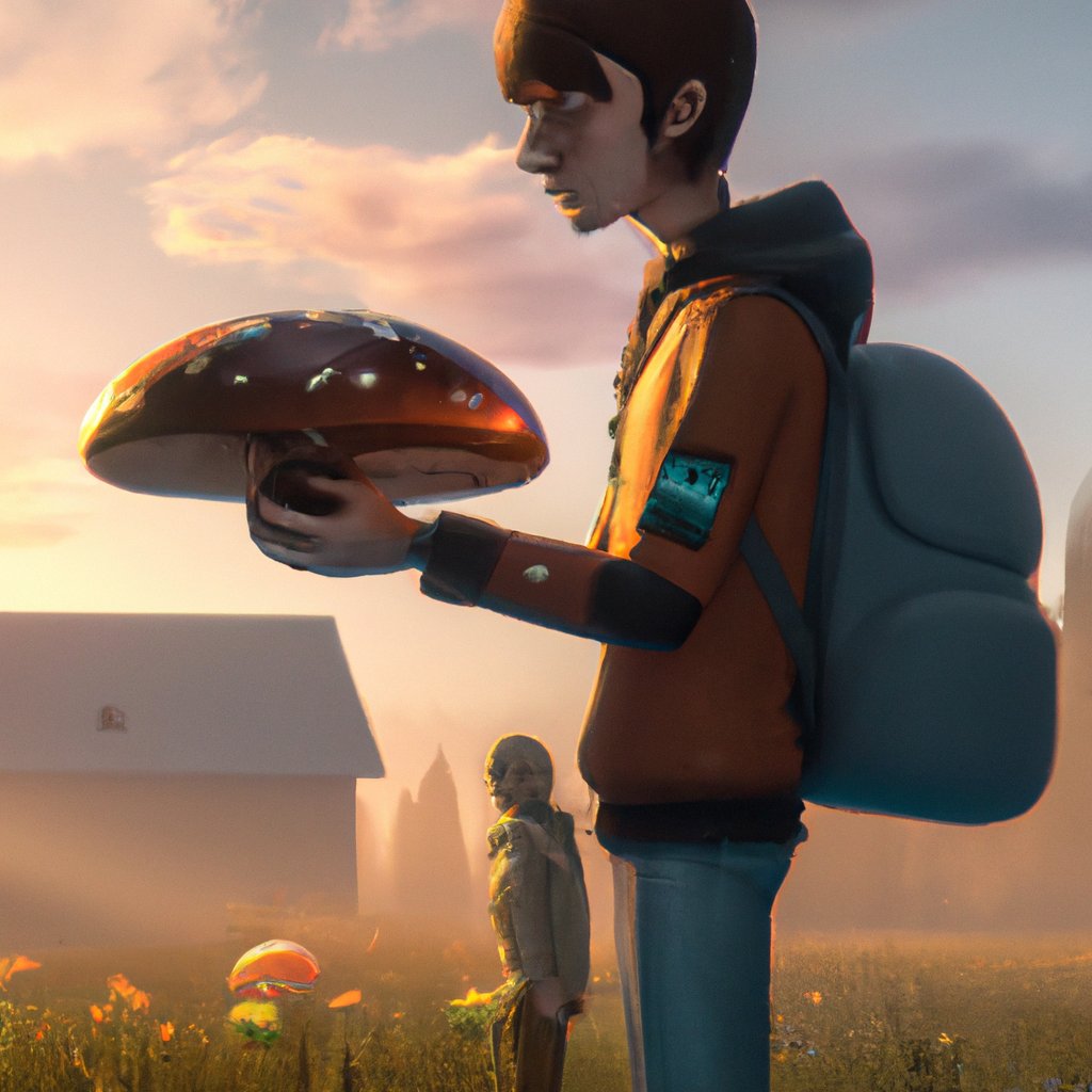 In the illustration, Joe stands bravely, looking curiously at the mysterious mushroom he holds in his hands, ready to embark on an adventurous journey. in a painting from stalenhag, 8 k, hdr, artstation, concept art