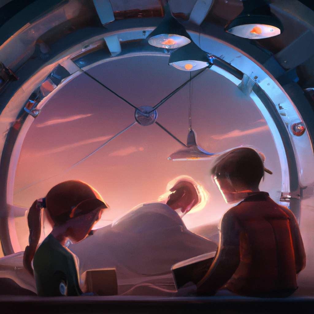 The illustration shows Poppy and Sky Lou snuggled in their beds, eagerly listening to their parents tell them a bedtime story about science. in a painting from stalenhag, 8 k, hdr, artstation, concept art