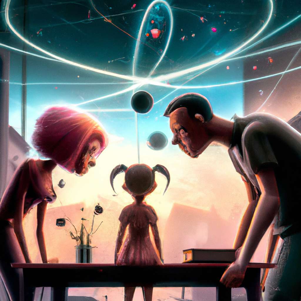 An illustration depicting Poppy and Sky Lou enraptured by their parents while they explain the complexity of string theory, showing the invisible strings that make up particles and forces vibrating within the universe. in a painting from stalenhag, 8 k, hdr, artstation, concept art