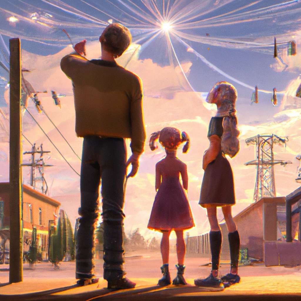 Poppy and Sky Lou are looking in awe at the strings that make up their universe, as their parents explain that these mysterious strings are made of mysterious energy that can vibrate at different frequencies. in a painting from stalenhag, 8 k, hdr, artstation, concept art