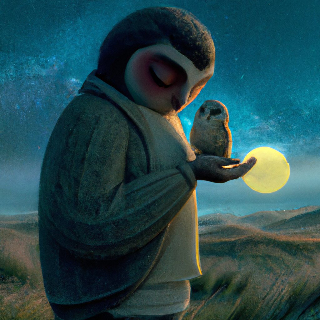 Xiao Lu's gentle embrace of the lonely owl-shaped moon, illuminated in a starry night sky, depicting an understanding of companionship and comfort. in a painting from stalenhag, 8 k, hdr, artstation, concept art