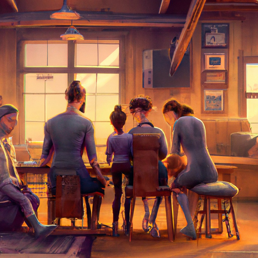 The family of four, close-knit and loving, shared happy moments in their small town home. in a painting from stalenhag, 8 k, hdr, artstation, concept art