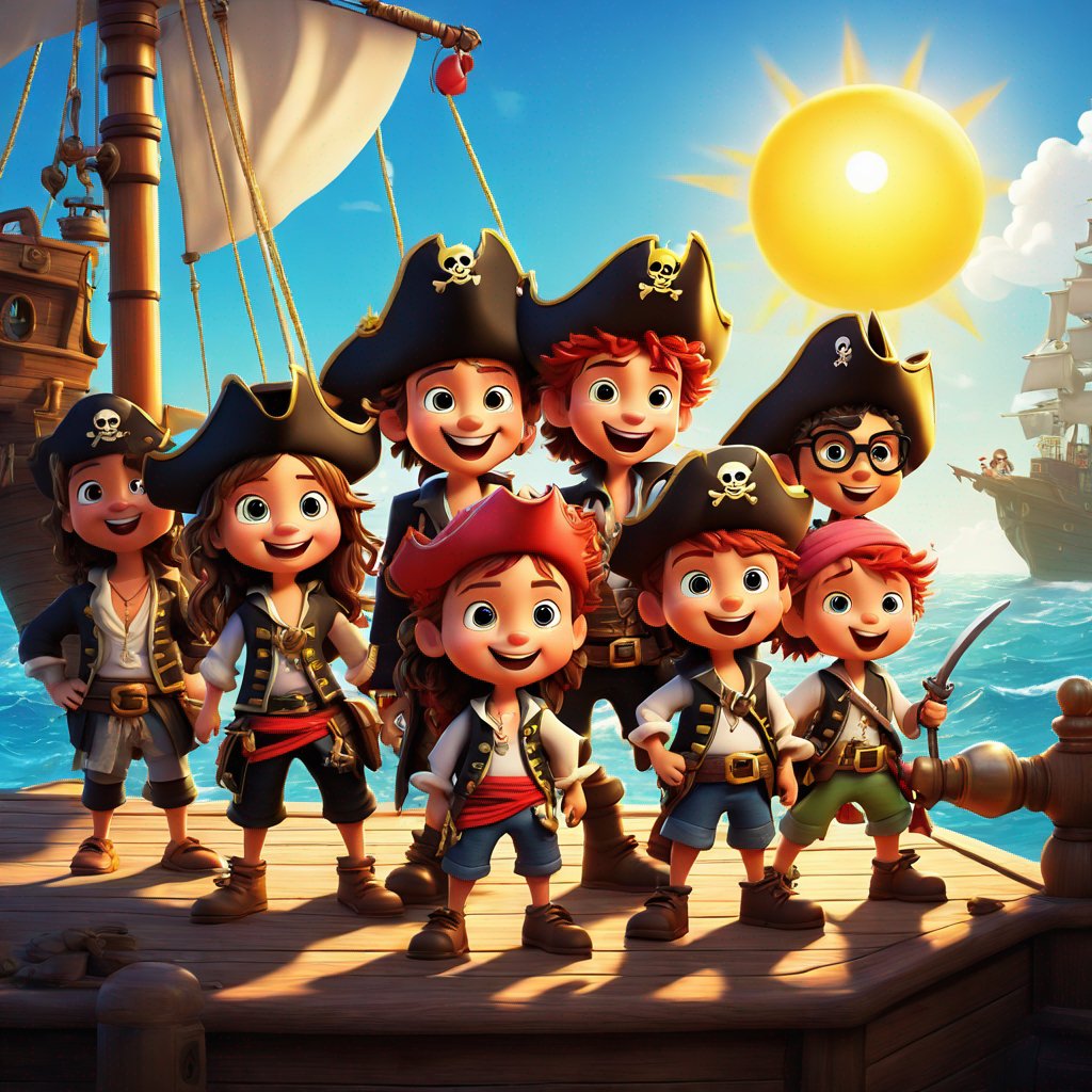 daring crew of pirates, standing tall, small but mighty ship, adventurous spirits, bright sun