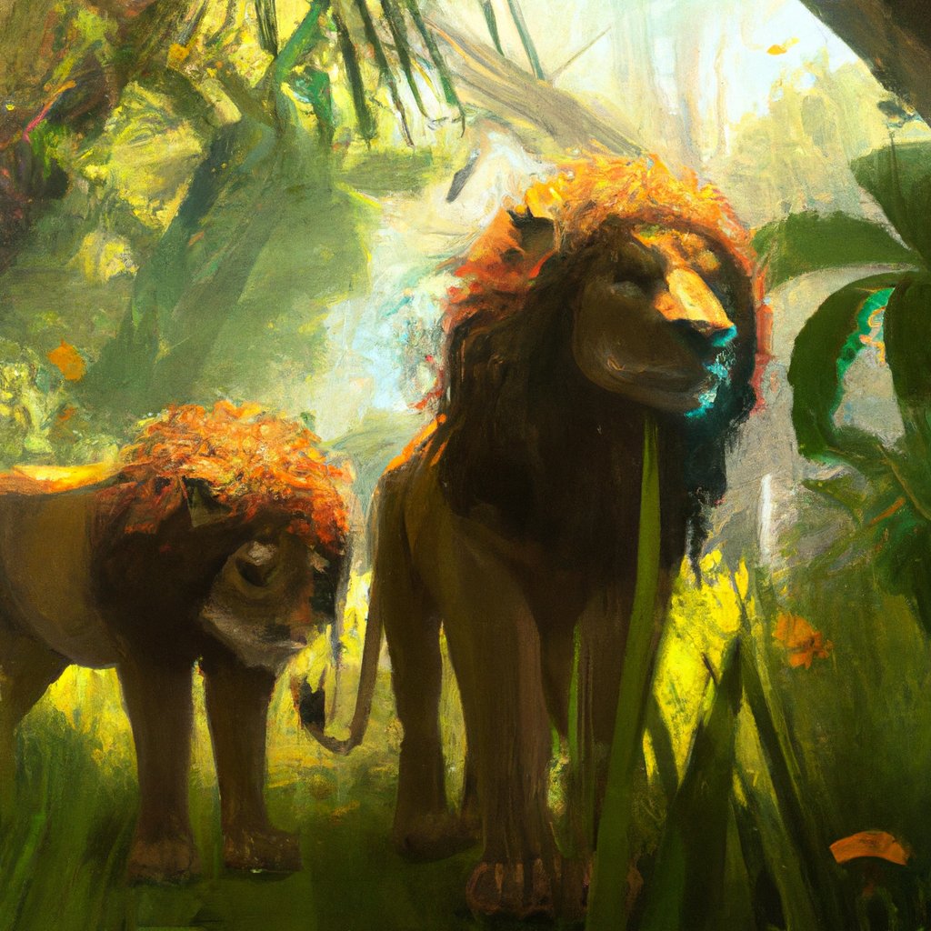 The two friendly lions, Lola and Leo, roamed their lush, vibrant jungle happily, side by side. in a painting from stalenhag, 8 k, hdr, artstation, concept art