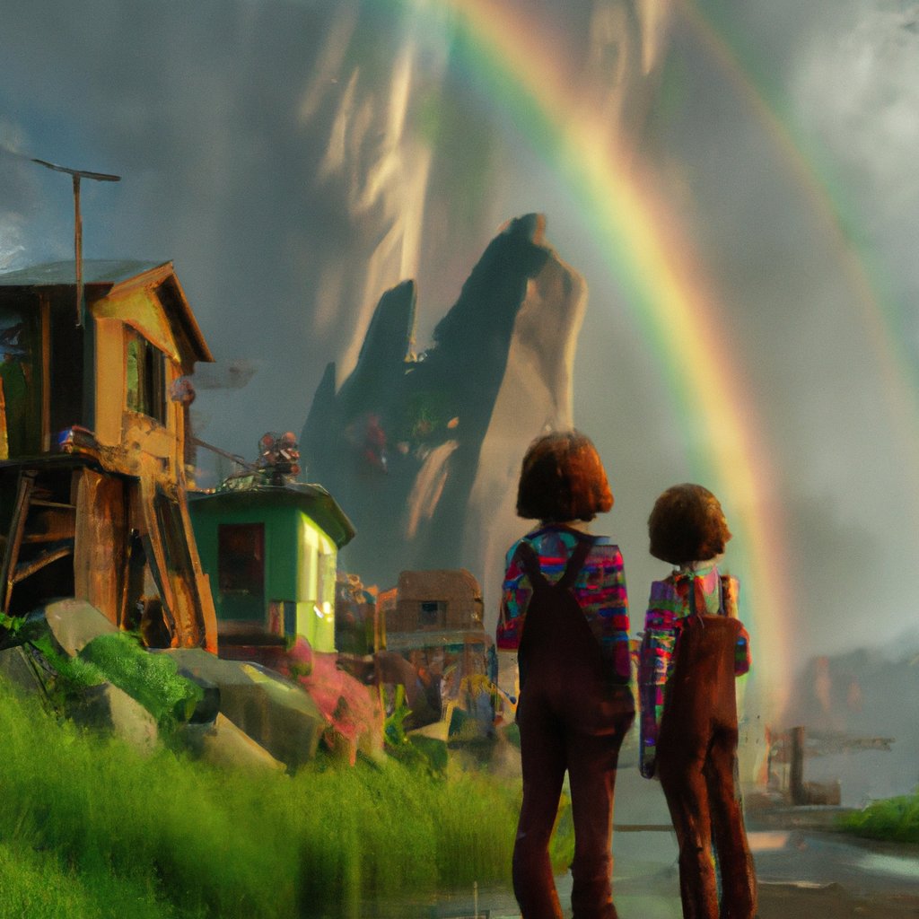 The two young sisters, Navya and Mira, aged 3 and 1 respectively, stared in awe as their parents described the wondrous, mythical creatures that dwelled at the end of the rainbow. in a painting from stalenhag, 8 k, hdr, artstation, concept art