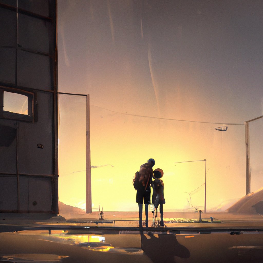 "A peaceful evening, with a small boy and girl standing together, embracing each other warmly." in a painting from stalenhag, 8 k, hdr, artstation, concept art