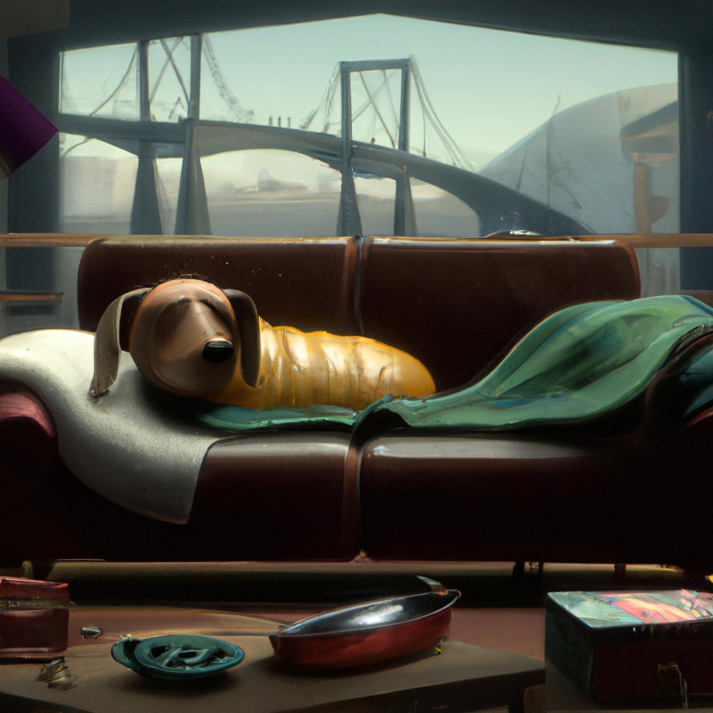 Rex, the dachshund, was an odd one, content to stay home and nap rather than going off to school like all the other puppies in the small town. in a painting from stalenhag, 8 k, hdr, artstation, concept art