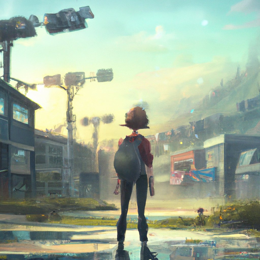 Mia, a brave young girl, stood confidently against the unknown, ready to take her destiny into her own hands and explore the world beyond her small village. in a painting from stalenhag, 8 k, hdr, artstation, concept art