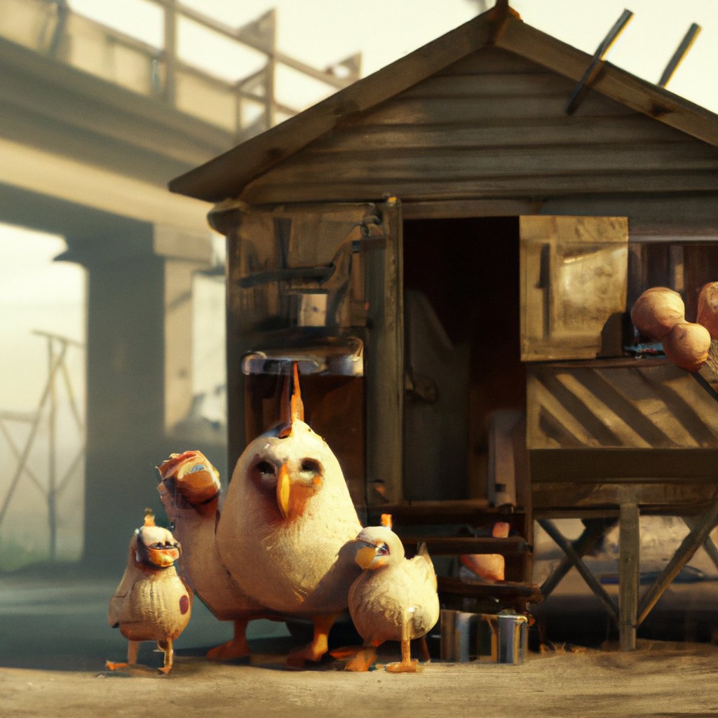 A cozy, small chicken family lived happily in a far away land, sheltered in a quaint, tiny coop.