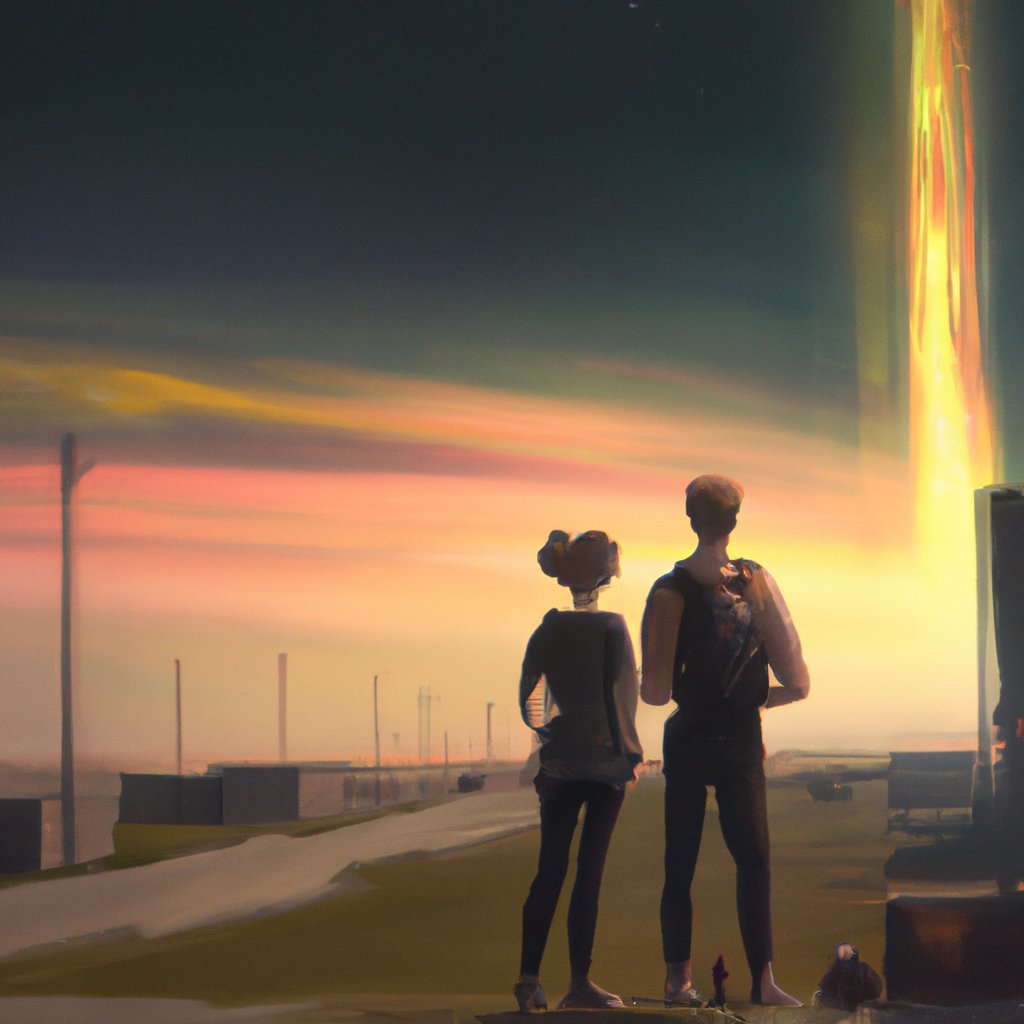 Ella and John gazed in awe at the sky, illuminated by countless twinkling stars of varying sizes and colors. in a painting from stalenhag, 8 k, hdr, artstation, concept art