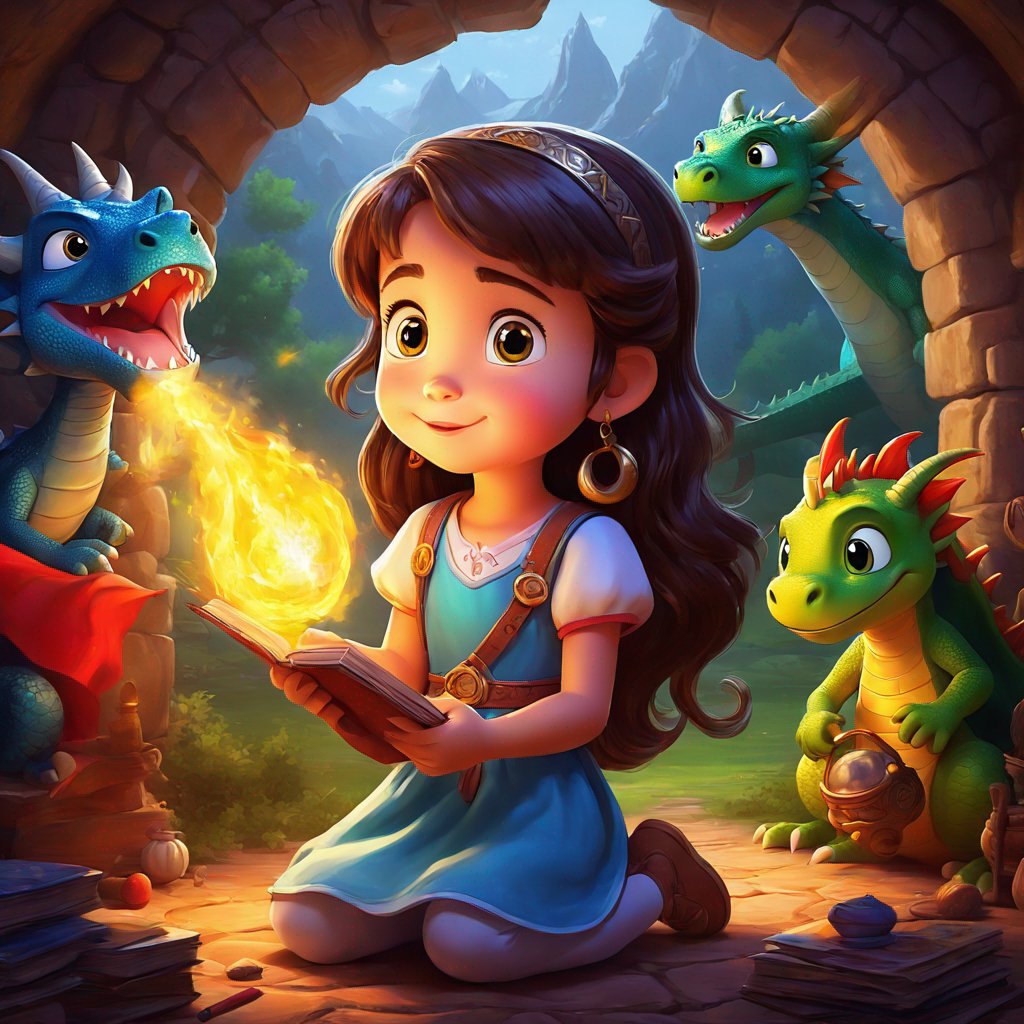 painting of girl, listening to princess, dragons, magical powers, determined, dragon-hunting quest