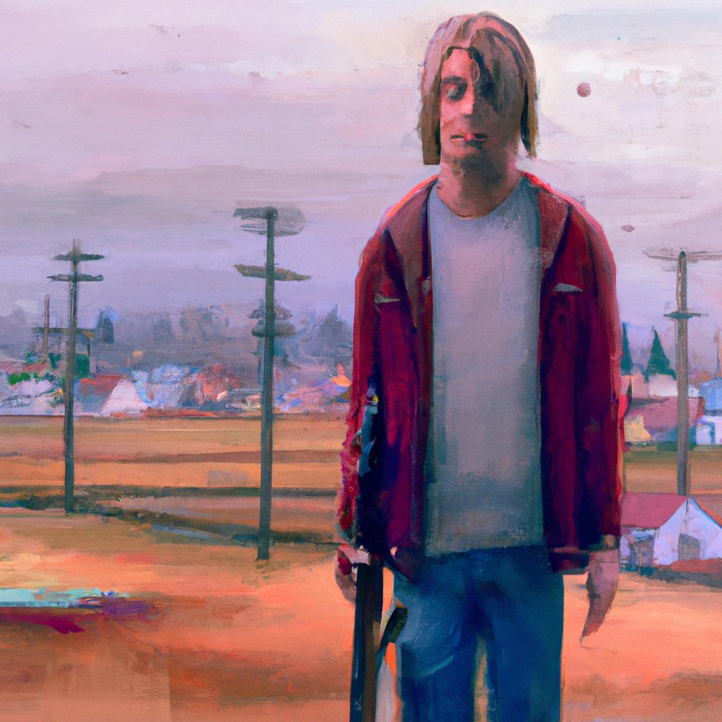 Kurt Cobain, youthful and ambitious, stood confidently in the Seattle music scene, determined to make a name for himself as a renowned rock star. in a painting from stalenhag, 8 k, hdr, artstation, concept art