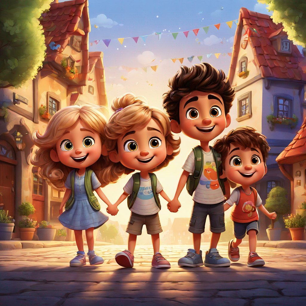 four year old best friends, male and female, standing hand-in-hand, full of excitement and wonder, in front of the town