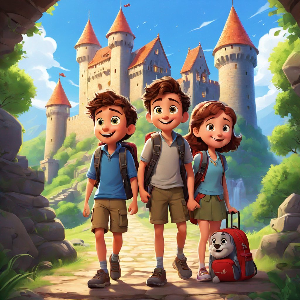 Wesley and Rosie, awe, ancient castle, backpacks, supplies, grand adventure