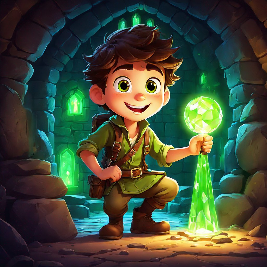 painting, male, dungeon, green light, shining stone