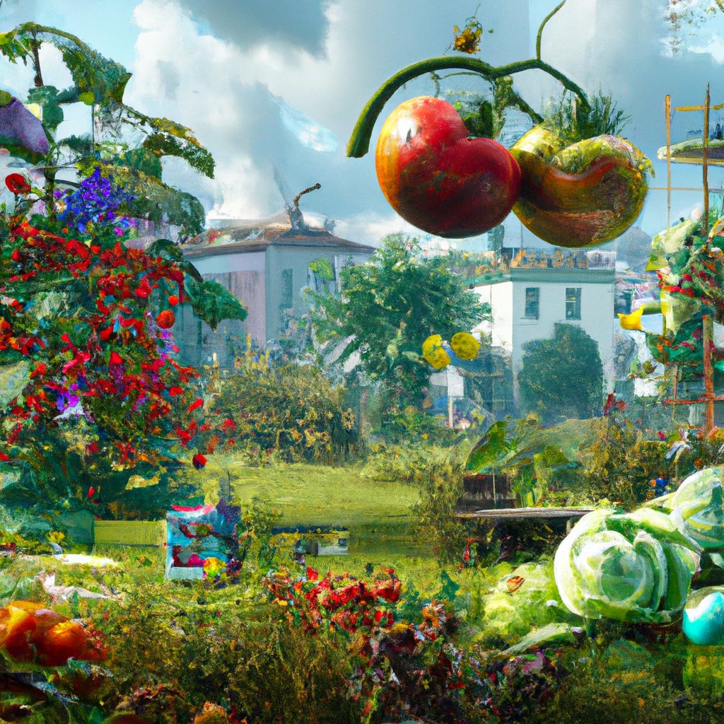 Brightly-colored tomatoes, climbing tall and strong, flourished in the vibrant, flourishing garden filled with a variety of vegetables.