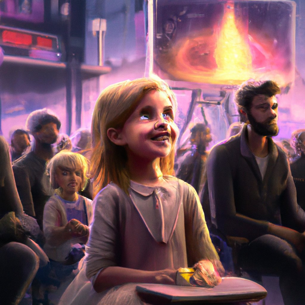 The young girl, beaming with joy and anticipation, watched eagerly as the magician dazzled the audience with his magical performance. in a painting from stalenhag, 8 k, hdr, artstation, concept art