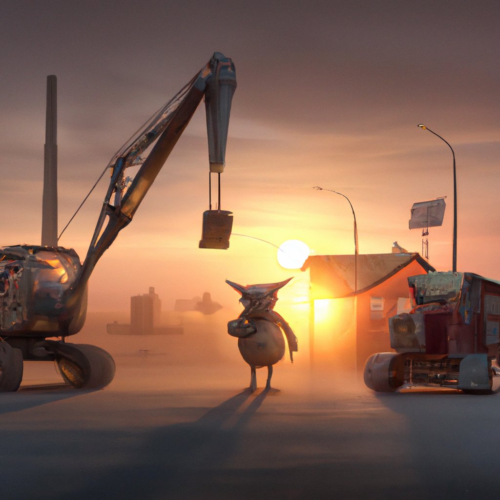 The three construction friends, Tukie the Excavator, Shmerel the Bulldozer and Yankel the Crane, bid farewell to each other at dusk after a day of hard work on the bustling construction site. in a painting from stalenhag, 8 k, hdr, artstation, concept art